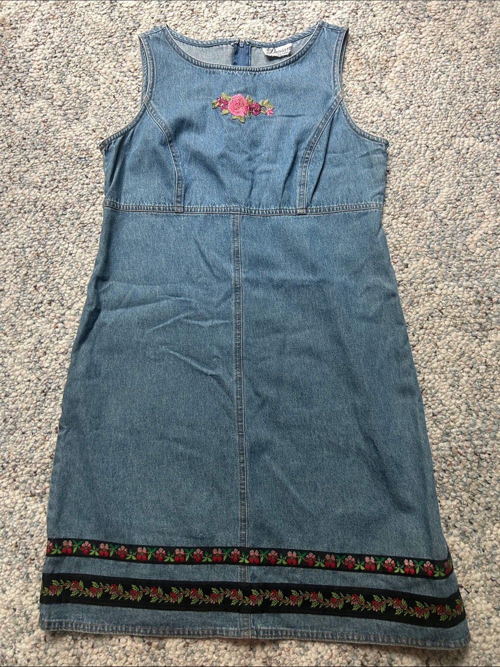 Vintage 80’s-90’s Denim Midi Dress Floral Embroidery